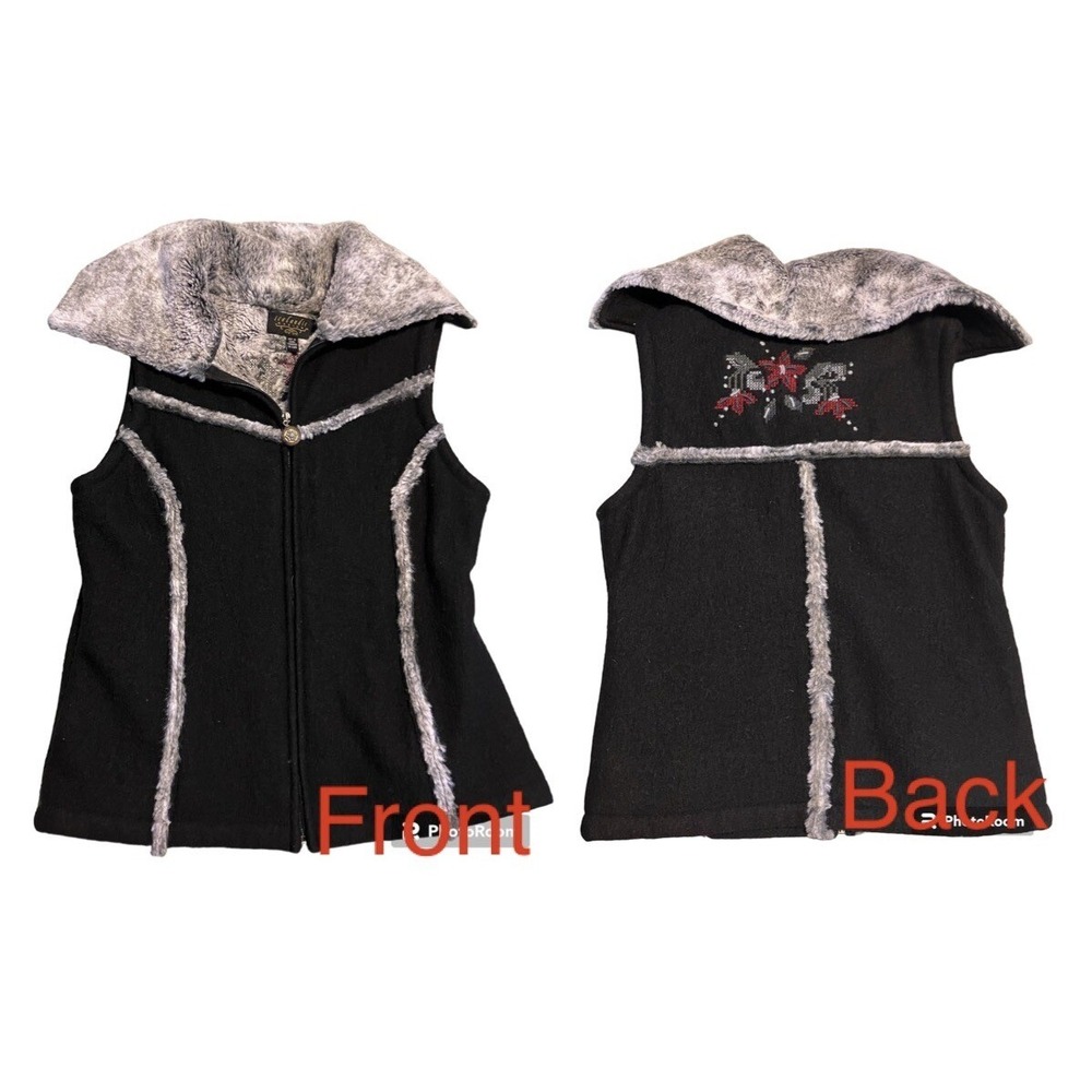 Icelandic Design Black Wool Blend Vest Faux Fur Trim Floral Embroidery Small